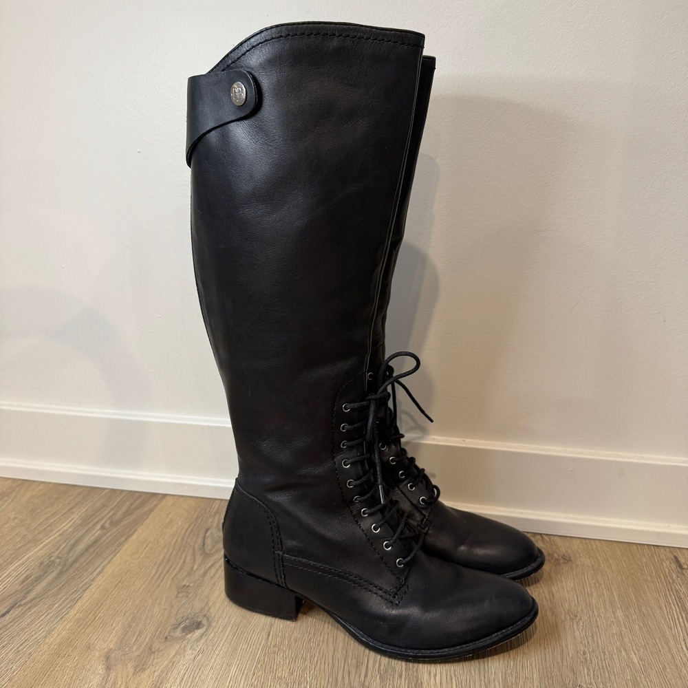 Black Leather Knee-High Boots With Zipper And Vintage Laces Excellent Condition